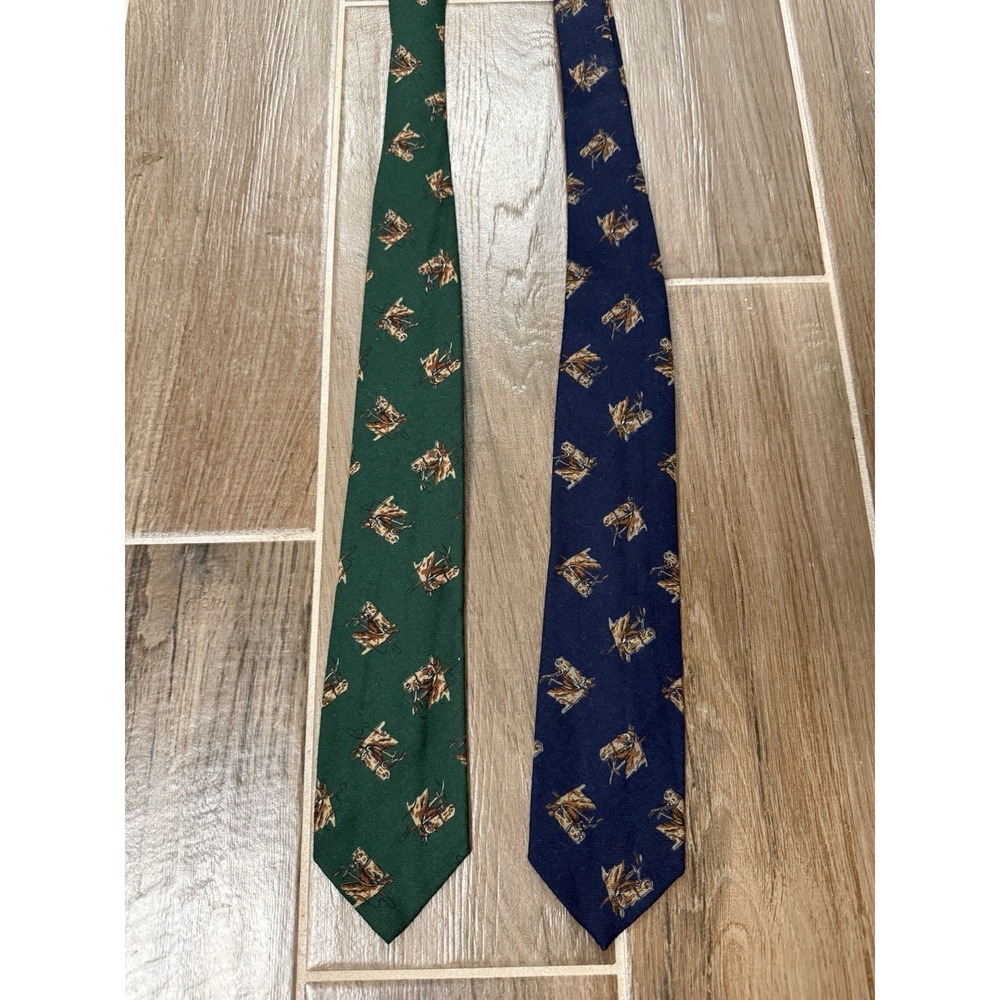 Vintage Hand Made Wool Ralph Lauren Polo Horses Green/Blue Neck Ties